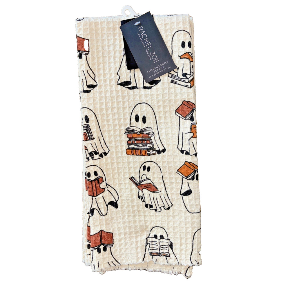 Halloween Kitchen Towels Set of 3 Ghosts Reading Books 20"x28" Rachel Zoe NEW